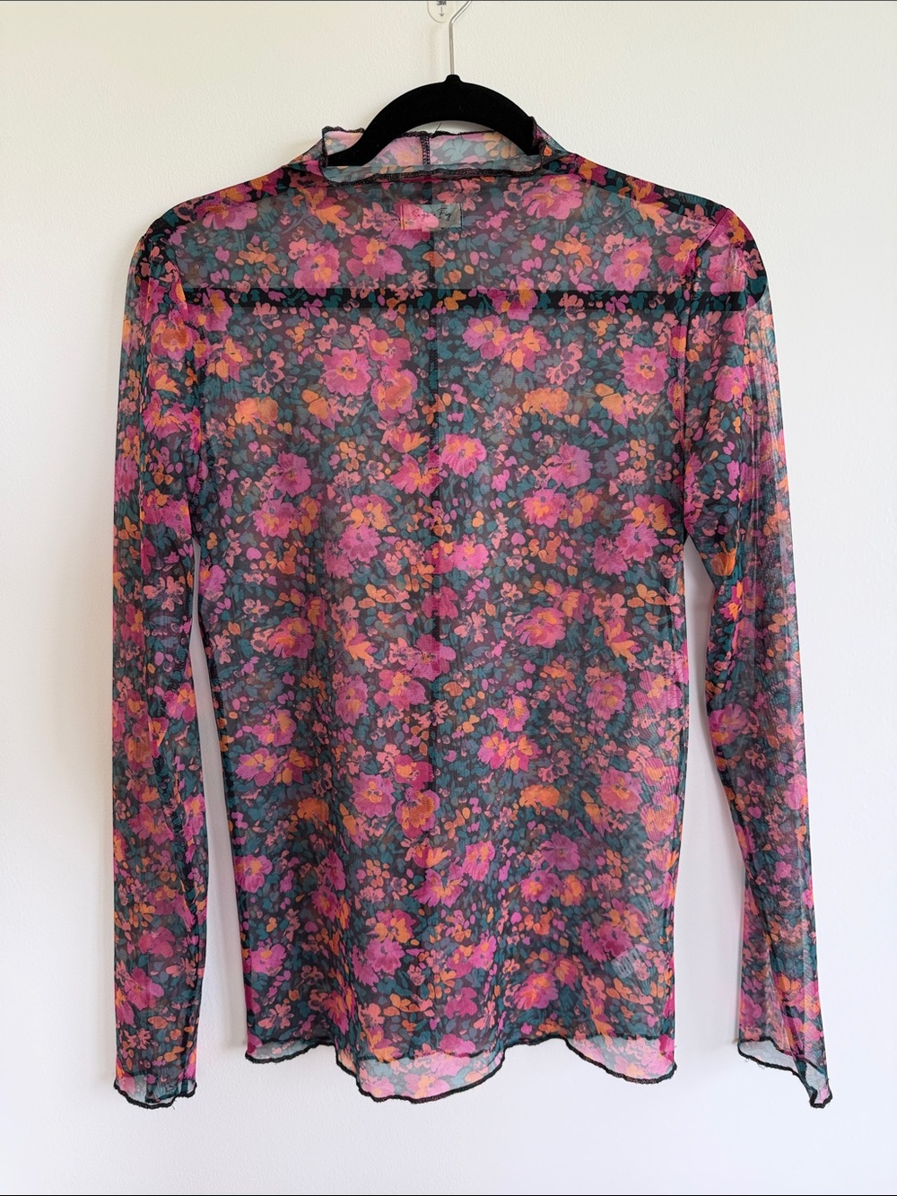 Sheer Floral Long-Sleeve Mesh Top in Pink and Green - Picture 2 of 4